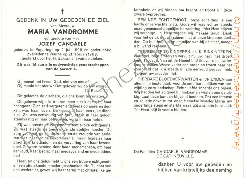 Maria VANDROMME echtgenote van Joseph CANDAELE, overleden te Veurne, den 21 Februari 1969 (70 jaar).